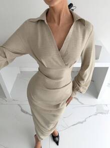 Siren Gaze Damen V-Ausschnitt Tailliertes Hemdkleid, Neuankömmling für den Herbst - Aprikosenfarben - Übersicht 4