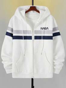 Manfinity Homme 男式字母印花抽绳连帽拉链白色运动衫，秋季 - 白色 - 查看 1