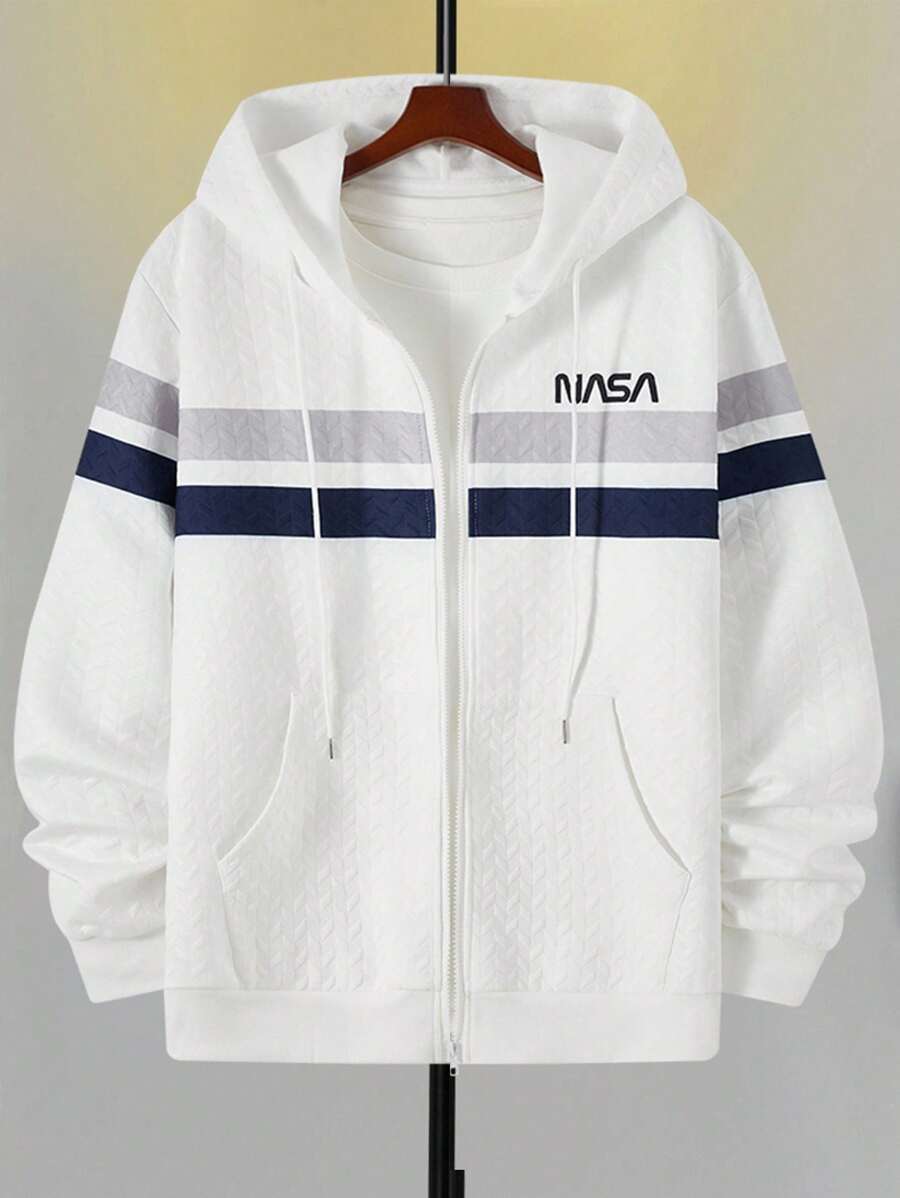 Manfinity Homme 男式字母印花抽绳连帽拉链白色运动衫，秋季 - 白色 - 查看 1