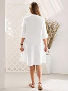 Rosumi Plus Size Women White V-Neck Bell Sleeve Casual Dress For Vacation Country Spring Outfits For Women Summer Outfits For Women - White - View 2