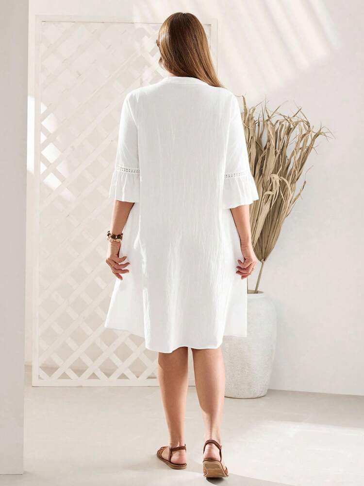 Plus Size Women White V-Neck Bell Sleeve Casual Dress For Vacation Country Spring Outfits For Women Summer Outfits For Women