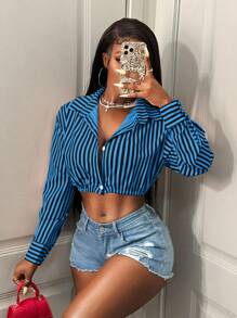 BamGleam Casual Commute Striped Cropped Sexy Shirt Back To School Fashion Fall Cloth For Women - Royal Blue - View 7