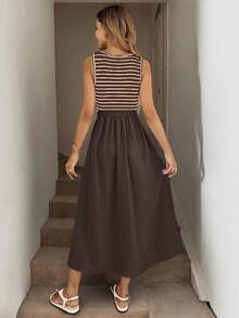 SHEIN LUNE Rochie de vară pentru femei, fără mâneci, cu dungi, model patchwork - Maro - Vizualizare 2