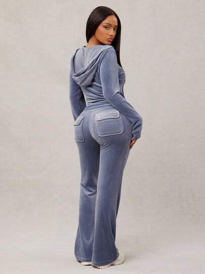 Radiana Fall/Winter Women's Sexy Casual Grey-Blue Velvet Tracksuit, Zip-Up Hoodie + Wide Leg Pants 2-Piece Set, Comfortable & Soft For Casual, Sports, Home Or Outdoor Wear Women Two Pieces Velour Tracksuit Blue Two Pieces Set Women Women Velour Tracksuit Set Two Pieces Pant Set Women 2 Pieces Lounge Set Women Flared Trouser Suit Comfortable Two Piece Set