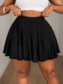 SHEIN PETITE CURVE 大码黑色休闲宽松 A 字裙，时尚，黑色荷叶边裙，短裤 - 黑色 - 查看 7