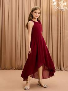 Tween Girls' Round Neck Sleeveless Dress With Bow Collar, Fitted Waist And Layered Hem, Elegant And For Party, Wedding, School, Halloween, Christmas - Red - View 6