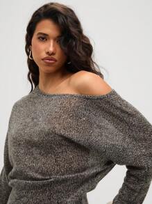 Aloruh 波西米亚风休闲不对称肩部七分袖花朵蝙蝠袖腰部女衬衫 - 灰色 - 查看 8