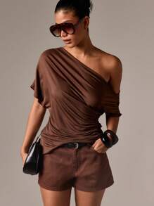AiiRZ Off Shoulder Ruched Tunic Top Casual Draped Single Sleeve Blouse Classic Design Slim Fit Front Gatherings All Season Versatile Fashion Piece - Brown - View 3