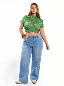 Solavibe Áo lưới viền rau diếp in họa tiết toàn thân Plus - màu xanh lá - Xem 2