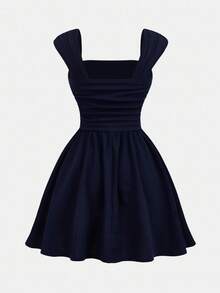 SHEIN Girlism Teen Girls Sleeveless A-Line Dress With Ruched Bust And Shoulders, Navy Blue, Elegant