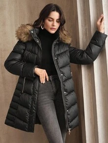 Anewsta Áo khoác cổ lông sang trọng có mũ trùm đầu bằng vải satin, túi khóa kéo kim loại - màu đen - Xem 4