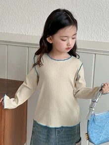 DAZY Young Girls Decorative Contrast Color Long Sleeve T-Shirt, Spring/Autumn - Beige - View 5