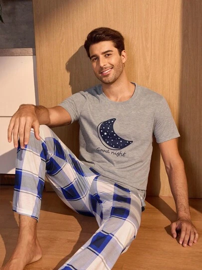 Manfinity Underwear&Sleepwear Basics 男士印花圆领短袖上衣和裤子睡衣套装