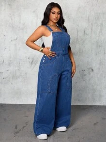 Slaydiva Plus Size Women Cowgirl Outfit Blue Denim Loose Fit Bib Overall Pants, Rodeo Outfits For Women Autumn
