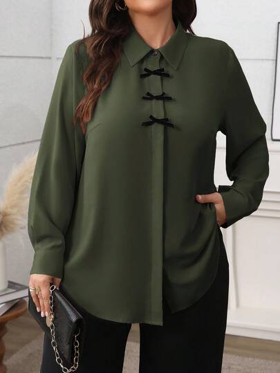 Vionelle Plus Size Women's Solid Color Elegant French Style Commuter Shirt, Shirt Collar, Open Front, Bow Decor, Long Sleeve Blouse Fall Cloth For Women Women Blouses Plus Size Plus Size Women Shirts Plus Size Blouses Curve Plus Size Blouses Green Blouses
