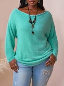 SHEIN CURVE+ 大码纯色斜肩针织休闲宽松大码套头衫女秋装，冬季，CURVE PLUS/秋冬 - 綠色 - 查看 6