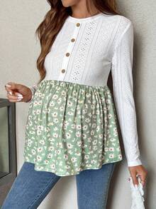 SHEIN Maternity Daisy Print Patchwork Design Button Down Long Sleeve T-Shirt For Vacation   Work/Office Maternity Top Maternity Clothes Flower Top Daisy Top Cottagecore Maternity Fall Women Clothes  Going Out Tops Women    Fall Women Clothes  Button Up Shirt Women  Graphic Women Tees - Black - View 4