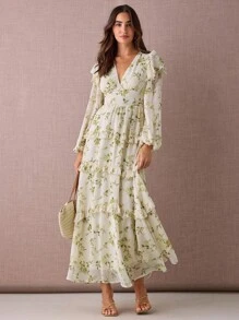 Enchnt 秋冬浪漫女士杏色花卉印花V领长袖荷叶边长裙