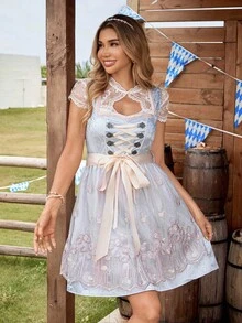 SHEIN Frenchy 女式复古刺绣网眼撞色无袖连衣裙 女式复古 V 领系带束腰连衣裙 女士撞色蕾丝短袖方领腰带全身印花甜美荷叶边下摆连衣裙 慕尼黑啤酒节紧身连衣裙 慕尼黑啤酒节连衣裙 慕尼黑啤酒节紧身连衣裙 慕尼黑啤酒节节日 女式优雅复古无袖迷你连衣裙 慕尼黑啤酒节紧身连衣裙上衣 - 粉色 - 查看 3