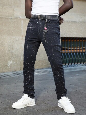 Street Life Men's Sparkling Diamond Pocket Casual Skinny Jeans