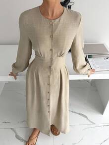 Siren Gaze 女士纯色圆领灯笼袖单排扣腰优雅长裙 - 杏色 - 查看 3