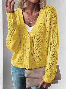 EMERY ROSE Casual Versatile Solid Color Hollow Out Knit Cardigan Knitted Casual Spring Fall Winter - Yellow - View 5