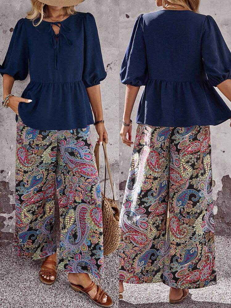 EMERY ROSE 女式休闲纯色系带灯笼袖衬衫和宽松腰果印花裤两件套 - 彩色 - 查看 1