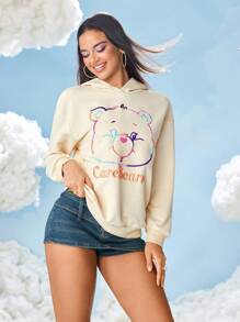 SHEIN X Care Bears Women's Casual Everyday Bear Embroidery Hoodie - White - View 5