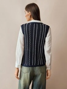 Florisole Women's Fashion Bohemian Knitted Cardigan Vest - Navy Blue - View 2