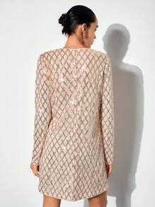 Maija 女士圆领镂空露肩长袖H字短款连衣裙，优雅都市休闲商务风 - 杏色 - 查看 3