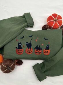 INAWLY THÊU Mèo đen, Đèn lồng bí ngô Jack O'Lantern, Áo nỉ cổ tròn hình mèo ma, Quà tặng cho người yêu mèo, Áo nỉ mùa thu cho nam và nữ - Màu xanh Bạc hà - Xem 3