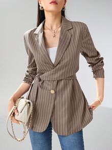 Heiryn Women Solid Color Lapel Long Sleeve Side Knot Blazer Back To School In Fall/Winter - Khaki - View 3