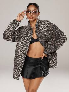 Jeanoix Women's Leopard Print Loose Oversized Denim Jacket - Multicolor - View 6