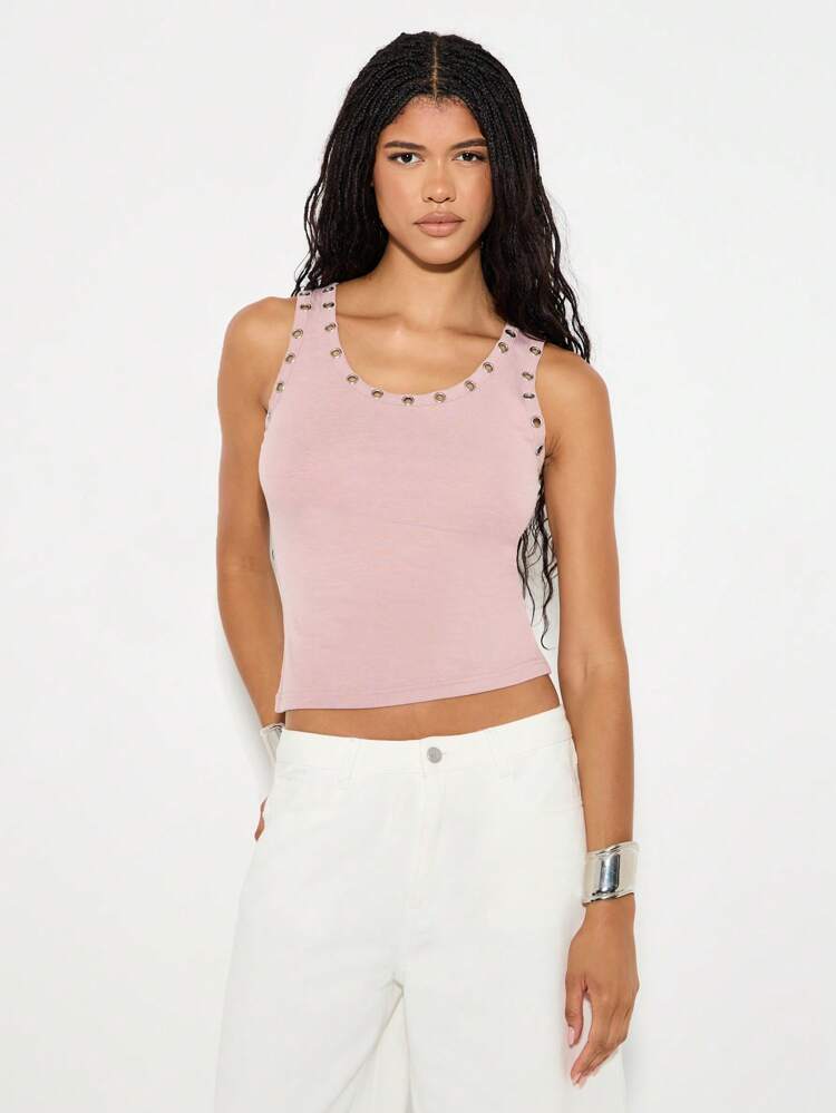 KIZN 아이릿 디테일이 있는 슬리브리스 리브 탱크