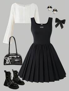 Sparklyn 2pcs/Set Teenage Girls' Fashion Casual & Chic Outfit, Knitted Mesh Loose Crop Top + Black Fitted Pleated Mini Skirt Set Fall Winter