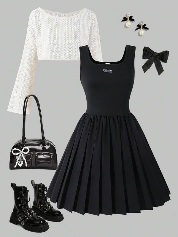 Sweetra Young Set de 2 piezas de conjunto de moda casual y elegante para adolescentes, top corto holgado de malla tejida + falda mini plisada ajustada negra