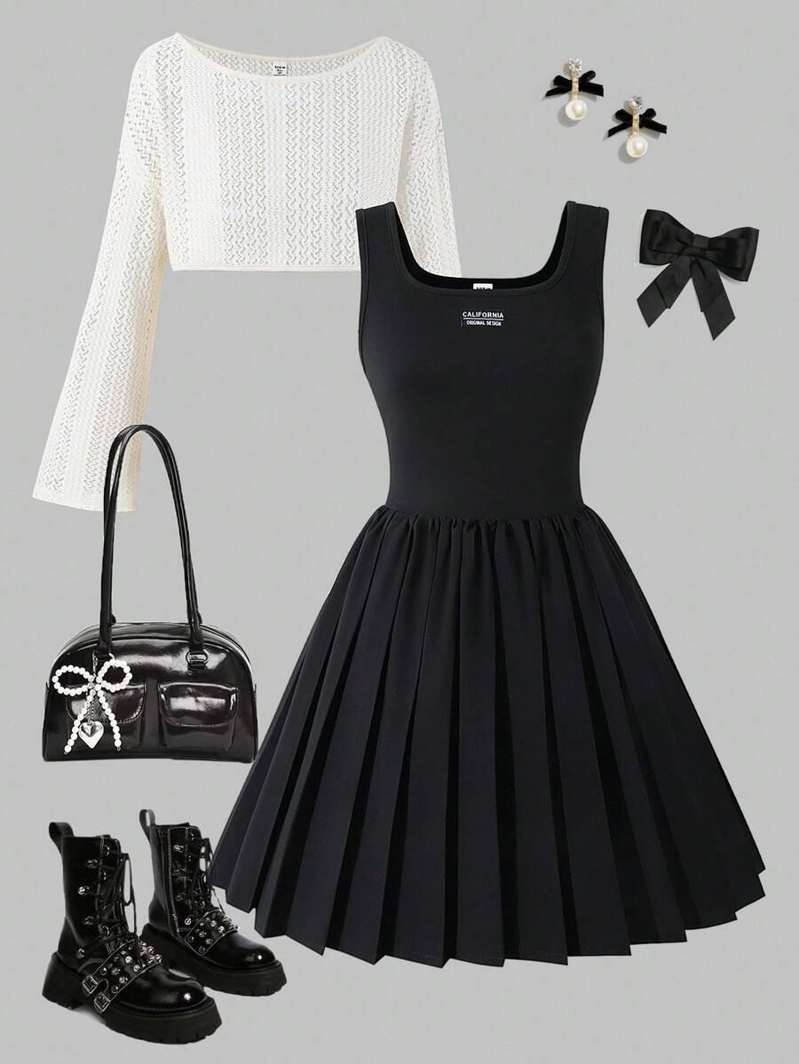 Sparklyn 2pcs/Set Teenage Girls' Fashion Casual & Chic Outfit, Knitted Mesh Loose Crop Top + Black Fitted Pleated Mini Skirt Set Fall Winter