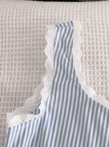 Tween Girls Comfortable Casual Base Striped Camisole + Short Lace Splice Set, Daily Wear, INS Style - Blue - View 5