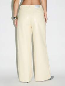 KIZN Pantalones palazzo de patas anchas de piel sintética en color crema, de tiro alto con bolsillos laterales, perfectos para uso formal, profesional y de noche en otoño e invierno - Amarillo - Ver 2