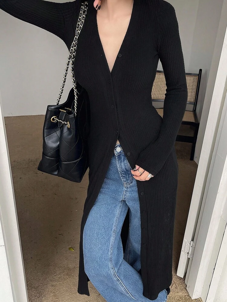 Women's V-Neck Ribbed Texture Fabric Long Sleeve Cardigan, Extra Long Casual Elegant Thin Outerwear Women Jacket,Fall Women Clothes