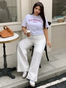 Dazy Plus 大码女式直筒长款白色牛仔裤，四季休闲 - 白色 - 查看 7