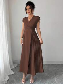 Elenzga 女士优雅简约 V 领褶皱腰落肩袖长裙，适合通勤、办公室、商务、休闲、度假、下午茶，纯色 - 咖啡棕 - 查看 3