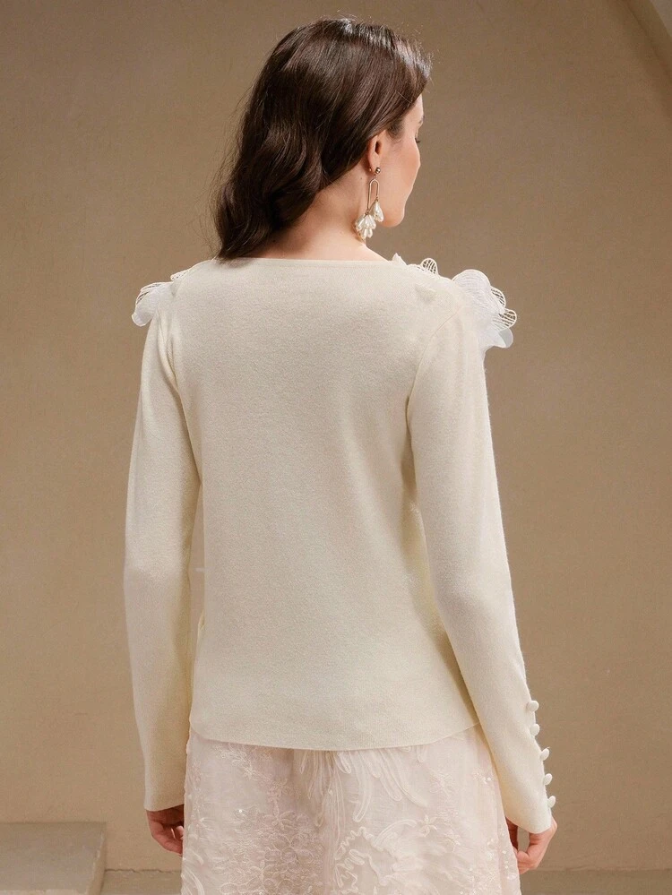 Women's Elegant Dignified Elegant 3D Lace Petal V-Neck Sweater, High-End Design
