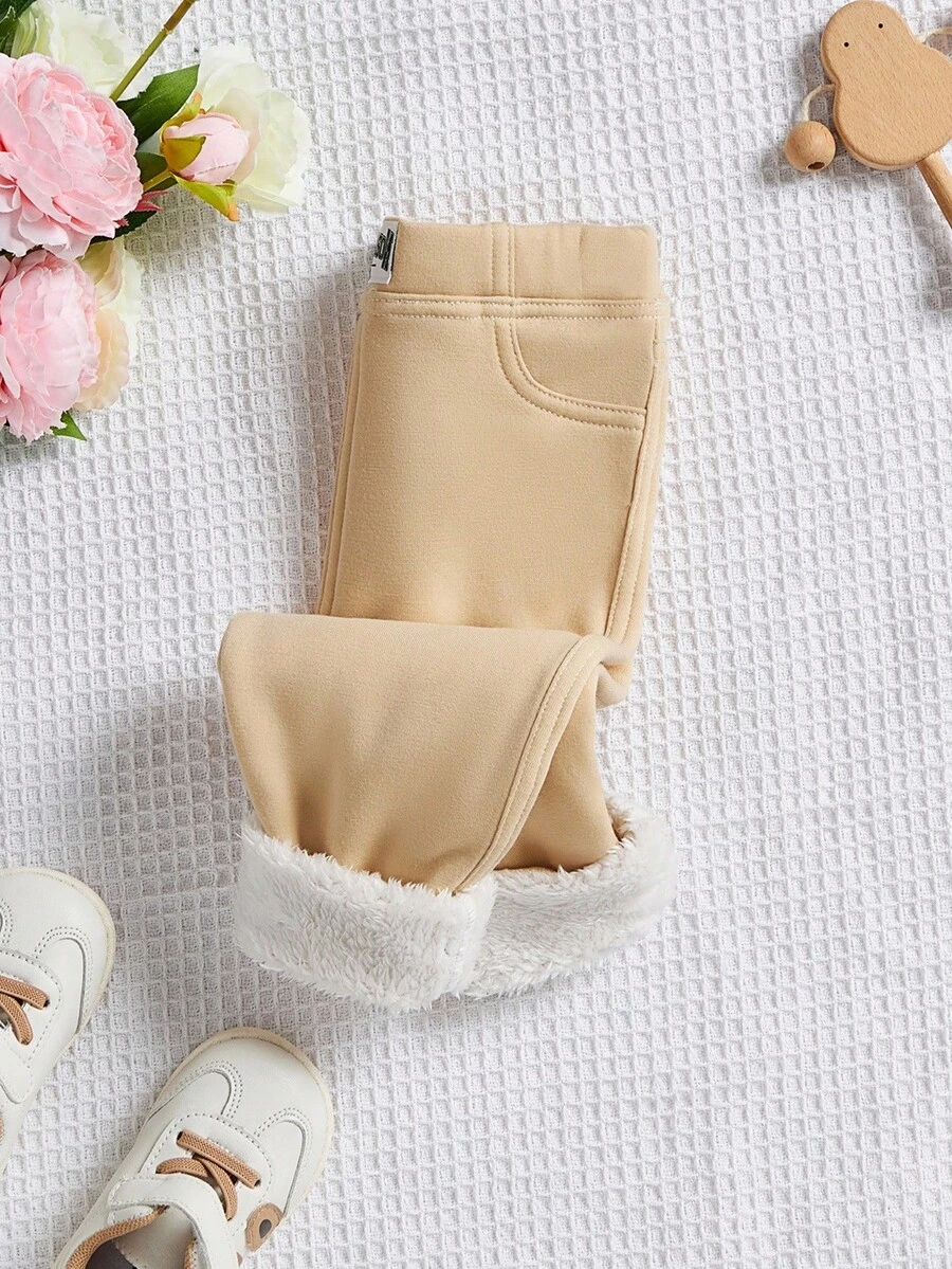 SHEIN Babygirl 秋冬可爱卡其色弹力针织字母印花抽绳腰裤 - 卡其色 - 查看 1