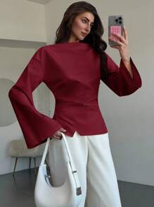Aloruh Women's Boat Neck Flare Sleeve Cropped Ruched Office Blouse,Fall Tops,Elegant Women's Blouses - Burgundy - View 3