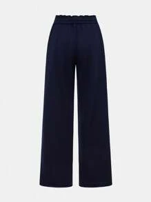 SHEIN Teen Girls Navy Blue Loose Casual Sweatpants, Solid Color Fashion Sports Pants, Contrast Color Ribbon Decor, Reversible Waistband Design, Comfortable Campus Style Pants, Simple Solid Color Loose Sweatpants Wide Leg Sweatpants Navy Blue Sweatpants Track Pants Comfy Sweatpants Comfy Pants