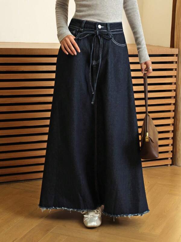 K-Vae Damen langer blauer Jeans-Rock im Lässig-Stil für den Herbst, Kleidung aus Puerto Rico, Bürooutfits für Frauen, Valentinstag Frauenkleidung, Denim Rock, Cowgirl-Outfits für Frauen, Renaissance-Rock, Arbeitsrock