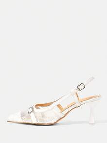 CUCCOO HITCHD 女士粉色蕾丝尖头露背珍珠蝴蝶结网眼高跟鞋 - 白色 - 查看 9