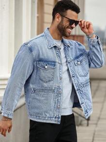 Manfinity Homme Chaqueta vaquera casual con bolsillos y efecto desgastado para hombre talla grande, otoño - Lavado ligero - Ver 5