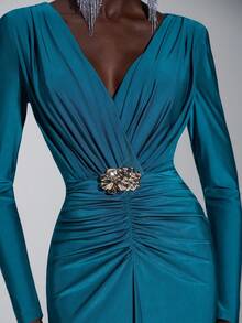 Elitara Elegant, Luxurious, Fashionable, Dignified, Dark Green, Knitted Stretchy Fabric, Long Sleeve Mermaid Hem, Trailing, Suitable For Vacation, Wedding Events, Bachelorette Party, Formal Ball Gown, Formal Dinner Dress